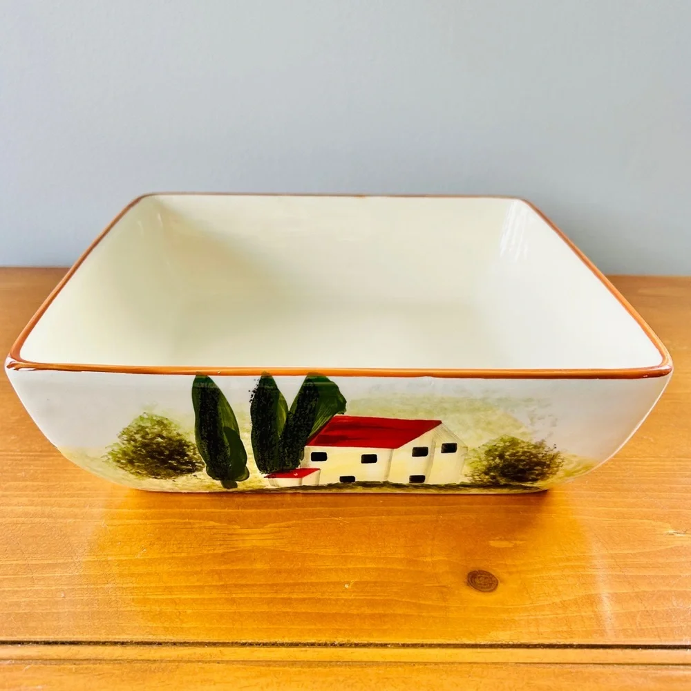 Vintage ND Hand-Painted Ceramic Italian Village Countryside Square Serving Dish